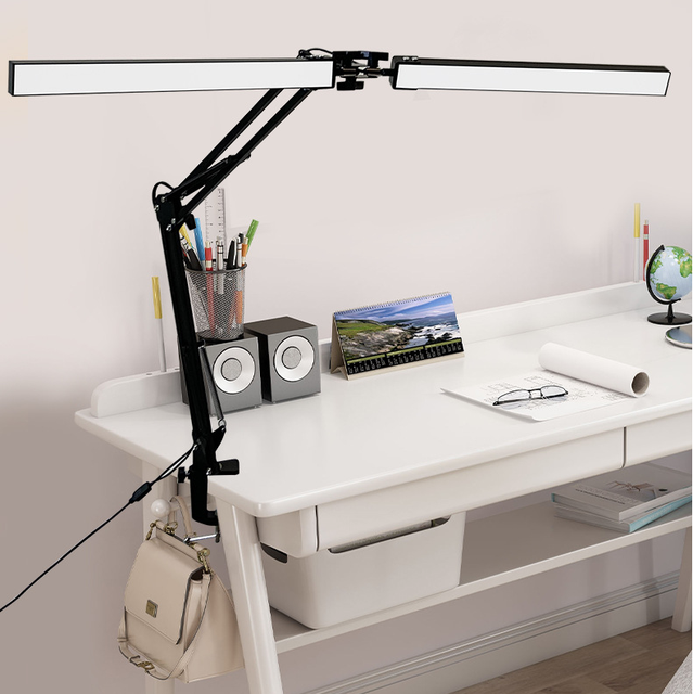 Eye-caring LED Swing Arm Table Lamp Dual Head Architect Task Lamp Flexible Double-Arm Table Lamp with Clamp