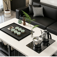 Table à thé Kung Fu noire avec bouilloire électrique intelligente et plateau de drainage, table basse en métal noir avec rangement pour salon et bureau