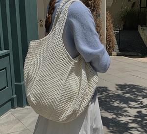 <span class=keywords><strong>Sac</strong></span> fourre-tout portable en tricot, grande capacité, tissé au crochet, ajouré, en maille, pour le shopping et les vacances - Product Image 3