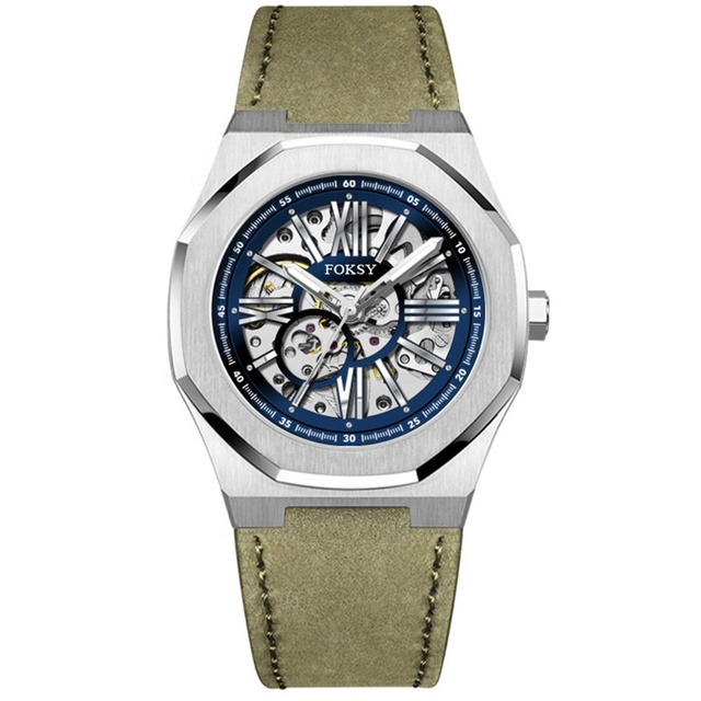 Wholesale Genuine Leather Mechanical Movement Automatic Transparent Watch for Men