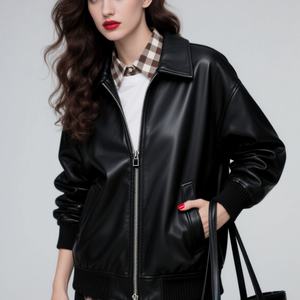 Veste en cuir vegan unisexe surdimensionnée 2025 - Col chemise, fermeture éclair intégrale, bordure côtelée, luxe discret, streetwear rétro |   Personnalisable - Product Image 4