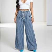 Article le plus vendu : Jean en denim baggy pour femme, coupe large, taille mi-haute avec cordon de serrage, évasé, à volants, plissé et boutonné