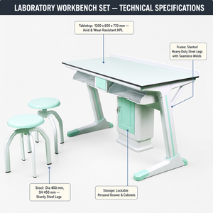 Ensemble table et <span class=keywords><strong>tabouret</strong></span> de laboratoire scientifique 1200x600x770mm avec plateau HPL et armoire de rangement en plastique – Mobilier scolaire pour projets éducatifs – Fourniture pour appels d'offres - Product Image 2