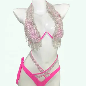 Female shiny glitter bikini set rhinestone diamond swimsuit with popular solid color sexy lady bra Rose sexi exotic dancewear