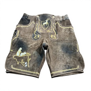 Shorts bavarois respirants pour hommes, taille mi-haute, en cuir de vachette suédé à motif écossais, avec fermeture boutonnée, pour l'Oktoberfest - Product Image 1