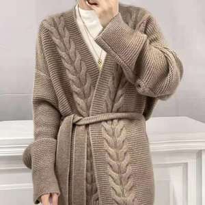 Cárdigan de lana 100% grueso de siete agujas para <span class=keywords><strong>mujer</strong></span> de estilo perezoso suelto sin botones de longitud media personalizado chaqueta de suéter LARGO DE Cachemira - Product Image 5
