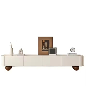 Meuble TV moderne en bois massif avec plateau en pierre de style crème, blanc, personnalisable pour salon - Product Image 3