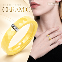 Bagues en céramique facettées jaunes de haute technologie avec zircon transparent dans un serti en acier inoxydable, bijoux cadeau de mariage, vente en gros OEM ODM