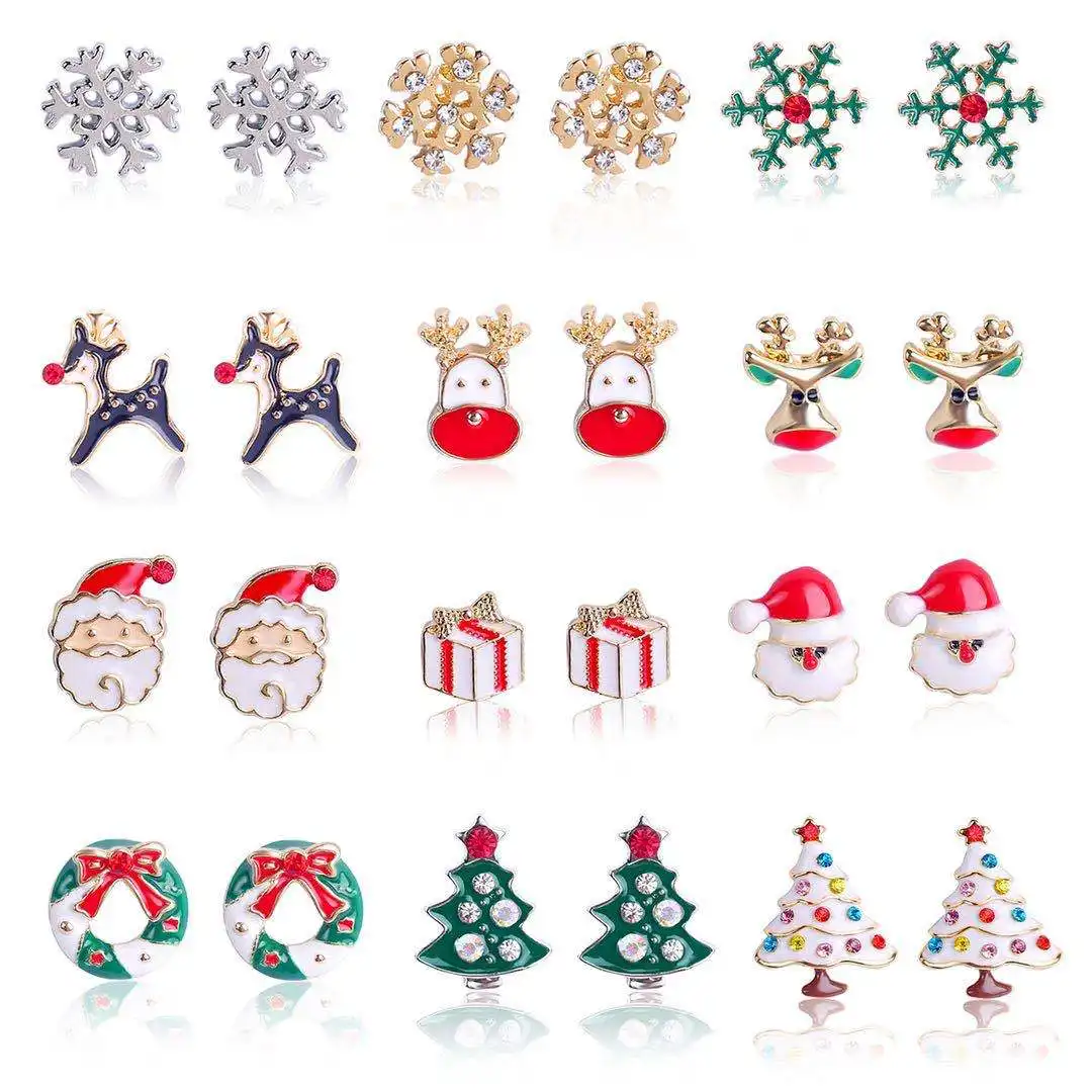 Go Party Terbaru Santa Claus Rusa Rusa Kepingan Salju Anting Pohon Natal Paduan Enamel Minyak Tetes Kartun Rusa Stud Earrings