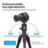 Trépied en aluminium avec rotation à 360° ° Plaque à dégagement rapide à rotule, charge maximale de 8 kg, hauteur réglable, trépied de voyage pour appareil photo reflex numérique/reflex numérique, téléphone