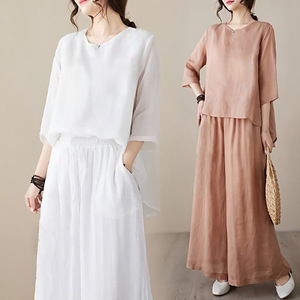 Women's Cotton <b>Linen</b> Two Piece <b>Set</b> Three Quarter Sleeve Solid Color Breathable Casual Suit Summer Fashion - Product Image 1