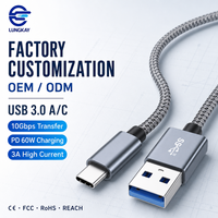 LUNG KAY Memproduksi Kabel USB 3.0 a ke C Profesional 10Gbps PD 60W 3A Kabel Data Berlapis untuk Laptop SSD Kamera Kustom OEM ODM