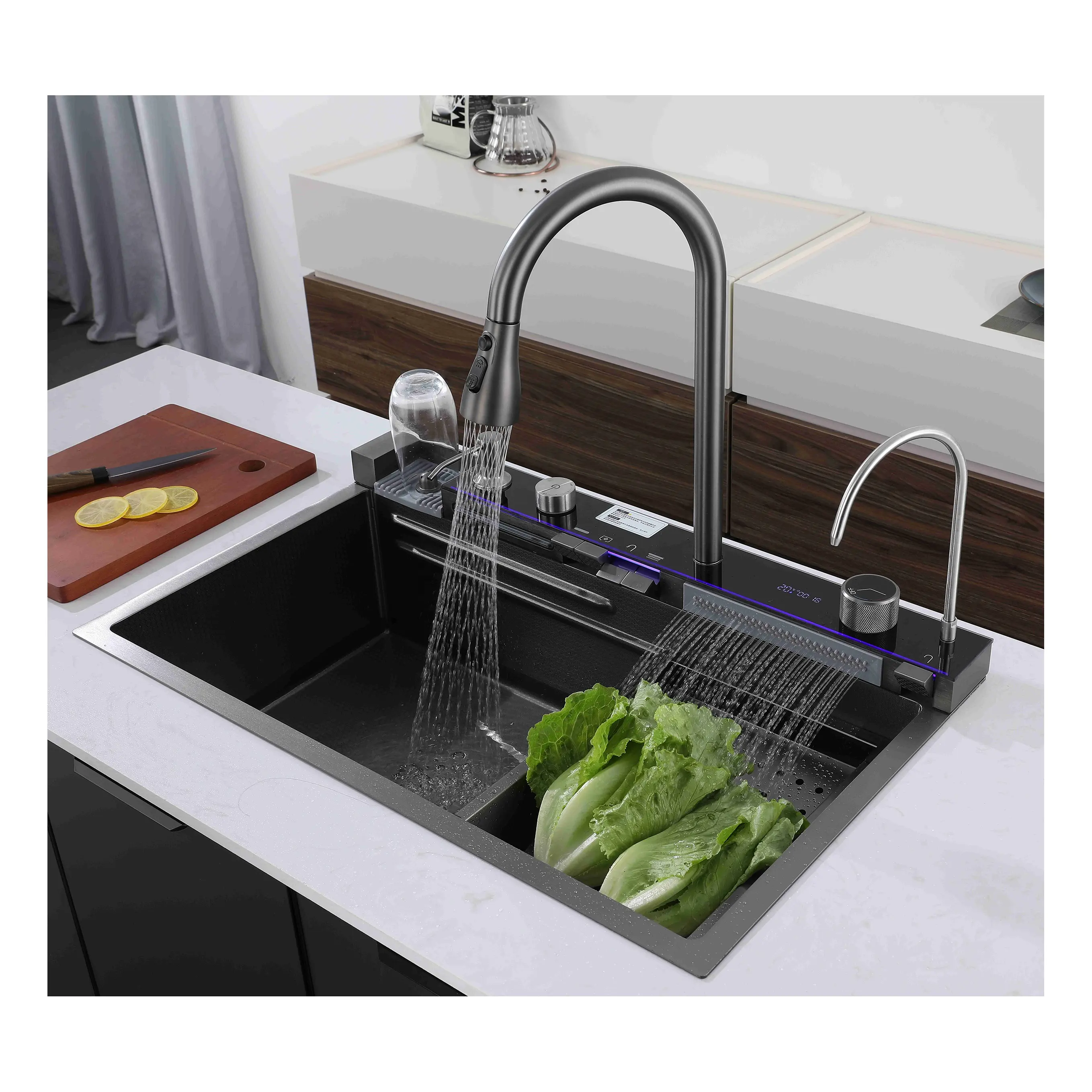Sản phẩm mới 2024 thác nước bồn rửa nhà bếp với Glass cup máy giặt thông minh bồn rửa nhà bếp thép không gỉ Bồn Rửa Nhà Bếp