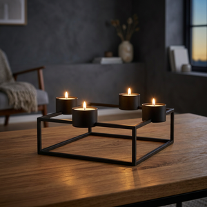 Luxurious Elegant Classic Design Black Matte Iron <b>Rod</b> Heat Resistant Handmade Tea Light Candle <b>Holder</b> Stand 4-Candle Square - Product Image 3