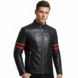 Veste de motard en cuir véritable, design à rayures rouges, coupe ajustée, veste en cuir de moto, poche boutonnée, bomber, cuir pleine fleur - Product Image 1