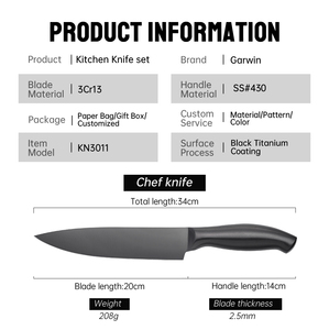 طقم مطبخ من الفولاذ المقاوم للصدأ الأسود مكون من خمس قطع، سكاكين احترافية للشيف من الفولاذ المقاوم للصدأ، سكاكين تقطيع وتقشير ومتعددة الاستخدامات بمقبض مجوف - Product Image 3