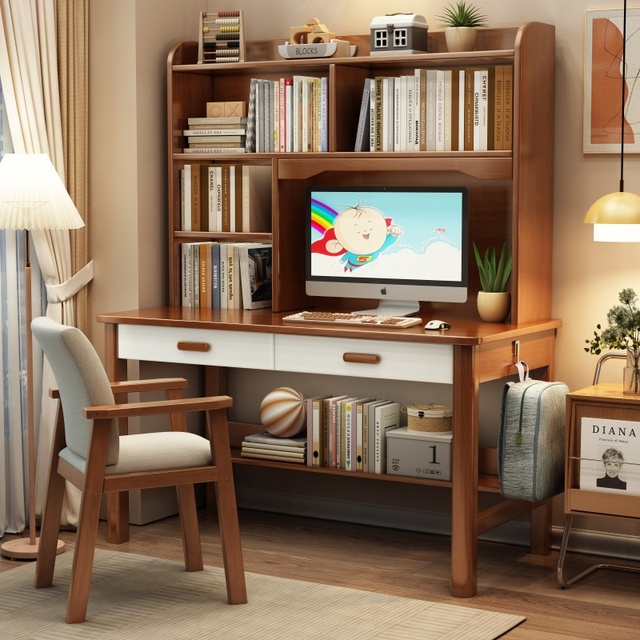 Solid Wood Desk Bookcase Combination Home Office Desk Minimalist Modern Extendable Desktop Computer Table Study Workshop Dining