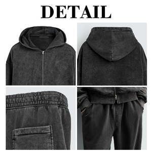 KingSen Street Style Warm Hoodie <b>Set</b> Acid washed 2 Piece Tracksuit Comfortable 2 Way Zip Up Hoodie With Pants Stone Wash - Product Image 6