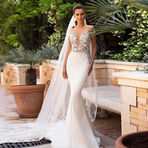 <b>White</b> Mermaid Wedding Dress V-Neck <b>Lace</b> Cut-Out Train Bridal Gown - Product Image 1