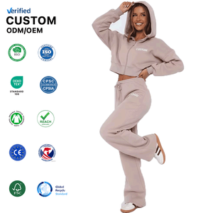 Set 2 Pezzi OEM da Donna: <span class=keywords><strong>Felpa</strong></span> Corta <span class=keywords><strong>con</strong></span> <span class=keywords><strong>Zip</strong></span> e Pantaloni Larghi <span class=keywords><strong>in</strong></span> <span class=keywords><strong>Felpa</strong></span> Pesante 380GSM <span class=keywords><strong>in</strong></span> Cotone Felpato - Vendita all'Ingrosso - Product Image 4