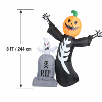 Décoration de jardin gonflable d'Halloween de 2,4 m (8 pieds) avec citrouille, squelette, fantôme et pierre tombale, avec souffleur intégré, prise US