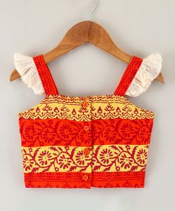 Twisha – Ensemble élégant pour filles, haut à manches volantées imprimé et ghagra imprimé, orange et vert (6 mois à 14 ans) - Product Image 3
