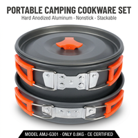 Ensemble de cuisine de camping écologique en alliage d'aluminium 3 pièces, antiadhésif, bouilloire 1,1 L, poêle, casserole, kit de cuisine pour la randonnée, les voyages, les pique-niques en plein air
