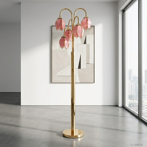 Lámpara de Pie de Estilo Nórdico con Diseño Floral Creativo, Vidrio Rosa Translúcido y Base Dorada - Product Image 2