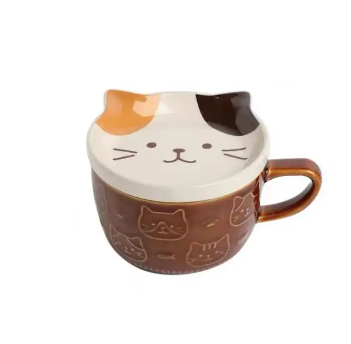 Japanese Style Cartoon Cat Animal Ceramic Mug With Lid Coffee Cup Breakfast Milk Tea Cup