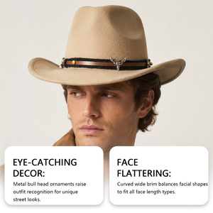 Chapeau de cowboy western marron à large bord avec bande à motif crâne de taureau pour la pratique de la randonnée en plein air - Product Image 5