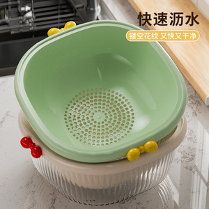 Double Layer Plastic Drain Basket For Kitchen Vegetable Fruit Washing And Straining With Two Tier Design - Product Image 3