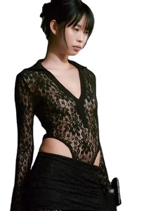 Body Sexy da <span class=keywords><strong>Donna</strong></span> in Pizzo Nero Trasparente, Elasticizzato e Modellante, a Maniche Lunghe con Motivo Floreale - Product Image 5