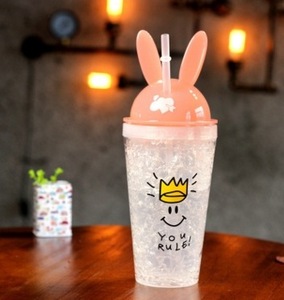 Nieuwe Dubbele Muur Herbruikbare Plastic Ijs Drinkbekers Fles Zomer 450Ml Cool Schattige Konijnenrietje Beker Waterfles - Product Image 5