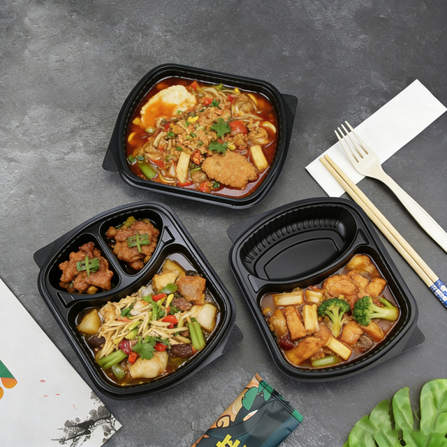 Black Disposable PP Plastic Fresh Food Tray Microwave Food Container 3Compartment PP Lunch Box With Lid