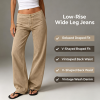 Jean en denim kaki pour femme, taille basse, coupe ample et large, style tendance pour le cyclisme