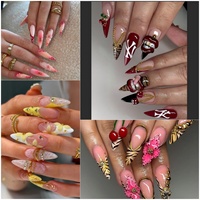 Ongles à presser en acrylique faits main, couvrance totale, longs, forme Stiletto, dégradé bleu roi nude, French manucure, motif à pois bleus, réutilisables