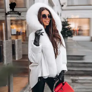 Chaquetas con capucha de piel de zorro blanco a la moda de invierno, abrigo de piel de tela de lana Natural para mujer, puños gruesos, abrigos cálidos, pieles de Cachemira de lujo