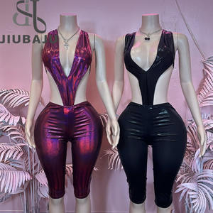 Seksi kadınlar 2 parça Set Halter ipeksi Hollow seksi Backless kolsuz Bodysuit + kapri pantolonlar eşleştirme Clubwear - Product Image 2
