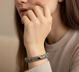 Natural <b>Garnet</b> 925 Silver Bangle with Oxidized Finish Fix Size Tanya Gems and Jewellery Model TG40079BR Trendy Gift for Women - Product Image 3