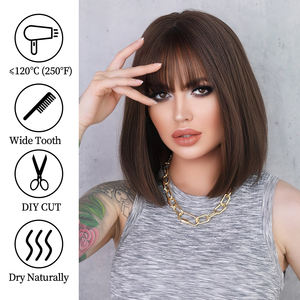 Peluca de cabello sintético para mujeres y niñas, pelo corto liso con flequillo, color marrón, bonito, Natural, para uso diario - Product Image 3