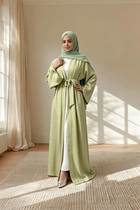 Abaya élégante à poches latérales en polyester, ensemble assorti avec hijab en mousseline légère, tenue islamique modeste pour le printemps et l'été, pour adultes musulmans - Product Image 2