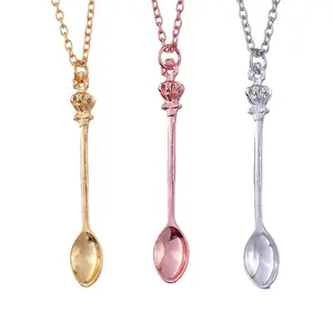 Fashion Gold Silver Rose gold Charm Mini Tea Spoon Queen Crown Pendant Necklace Jewelry For Women Dress Accessories Gifts