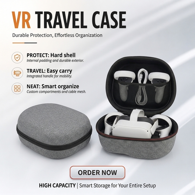 Portable Protective EVA Case for Meta Quest 3 VR Headset Waterproof Shockproof Travel VR Controllers Charger Carrying Bag