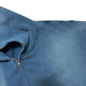 Sudadera con capucha y cremallera de alta calidad, estilo vintage, con estampado de plantas en azul grisáceo, desgastada y con efecto deshilachado, estilo streetwear, para hombre. - Product Image 4