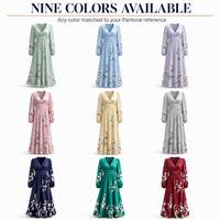 Robe trapèze à col en V et manches longues, imprimé floral, taille haute, jupe plissée, poignets bouffants, en tissu tissé, sur mesure, OEM ODM