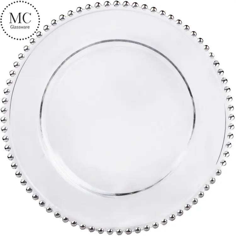 12.6 pouces clair mariage or plaques de verre en gros argent perlé chargeur assiettes ensemble de vaisselle pour la décoration de mariage