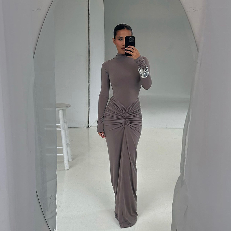 Women's Solid Color Long Sleeve Jumpsuit - Casual High Neck Backless Bodycon Maxi Jumpsuit With Ruched Waist Vacation