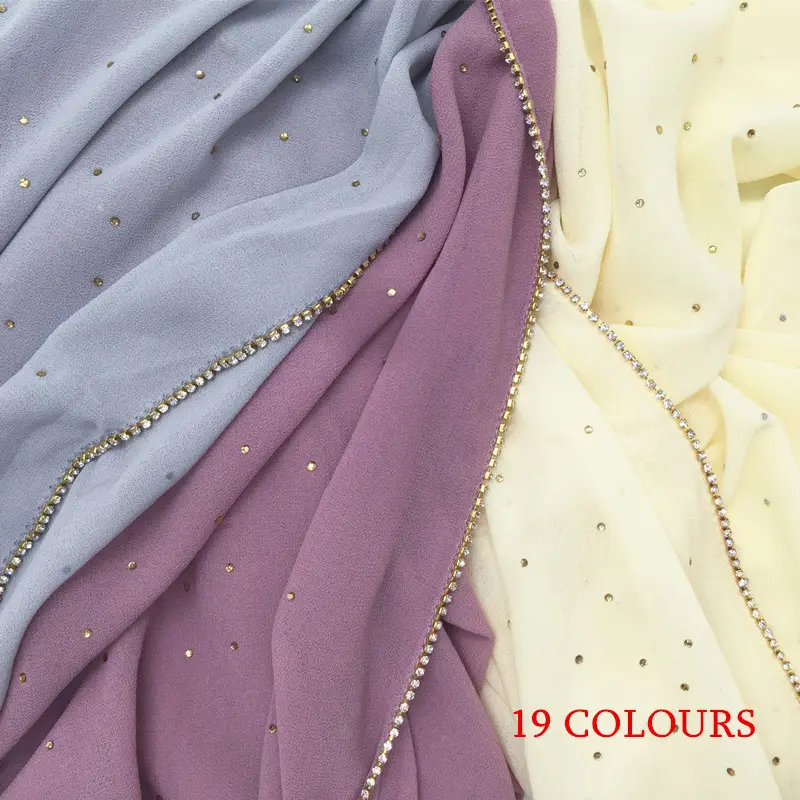 Monochromatic New Malaysia Solid Color Pearl Chiffon Hot Rhinestone Chain Long Scarf Cover Breathable Hijab Fashion Wraps Shawl
