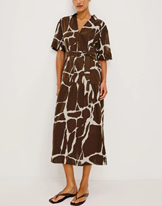 เดรสเชิ้ตผ้าฝ้ายผสมลินินพิมพ์ลายนามธรรมสำหรับผู้หญิง คอปก แขนสั้น มีเข็มขัด ยาวคลุมเท้า สไตล์วินเทจลำลอง ชุดเดรสทำงาน - Product Image 4