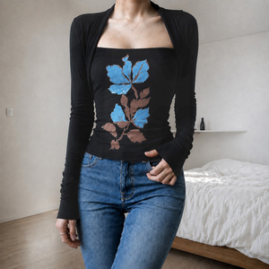 Color Block Floral Print Square Neck Knit <b>Top</b>, Long Sleeve Women's T Shirt, <b>Y2K</b> Retro Streetwear Casual Fashion Style - Product Image 3